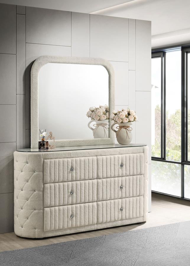 SONYA 6-DRAWER UPHOLSTERED BEDROOM DRESSER WITH MIRROR IVORY SONYA 6-DRAWER UPHOLSTERED BEDROOM DRESSER WITH MIRROR IVORY