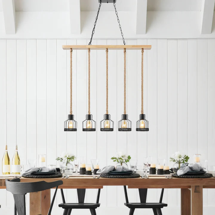 WOOD AND ROPES 5 LIGHT CHANDELIER // BLACK