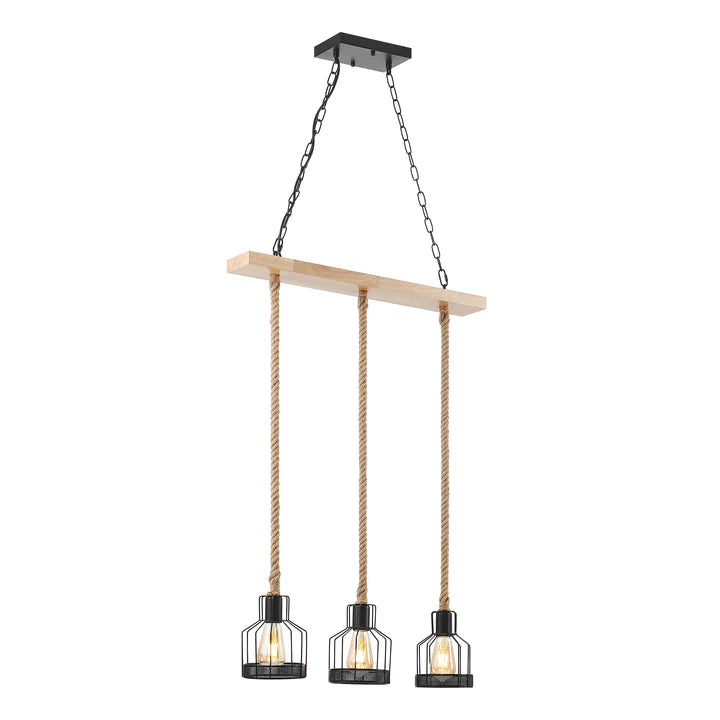 WOOD AND ROPES 3 LIGHT CHANDELIER // BLACK