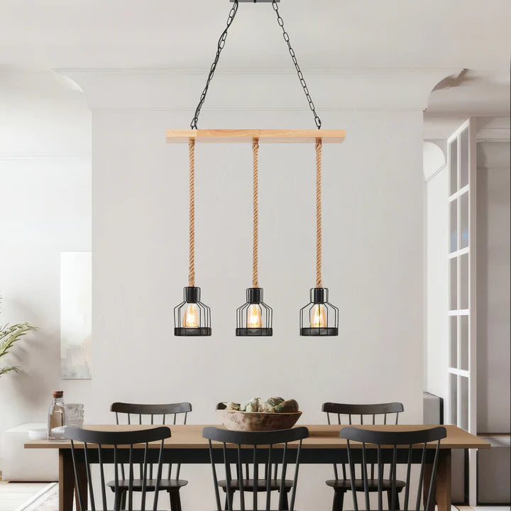 WOOD AND ROPES 3 LIGHT CHANDELIER // BLACK