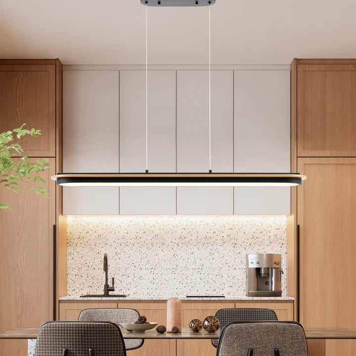 CHANDELIER CURVED LINEAR SATIN BLACK & WOOD