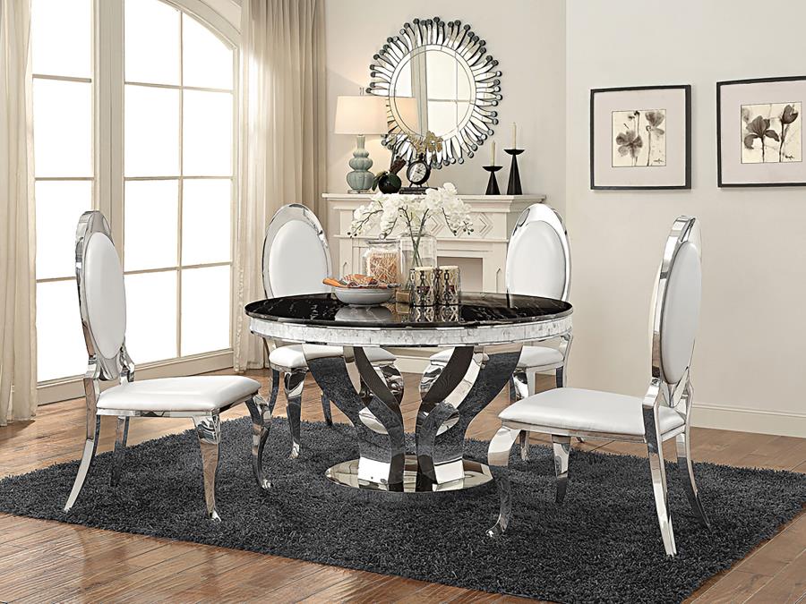 ANCHORAGE ROUND 51-INCH GLASS TOP DINING TABLE CHROME WHIT 4 CHAIRS