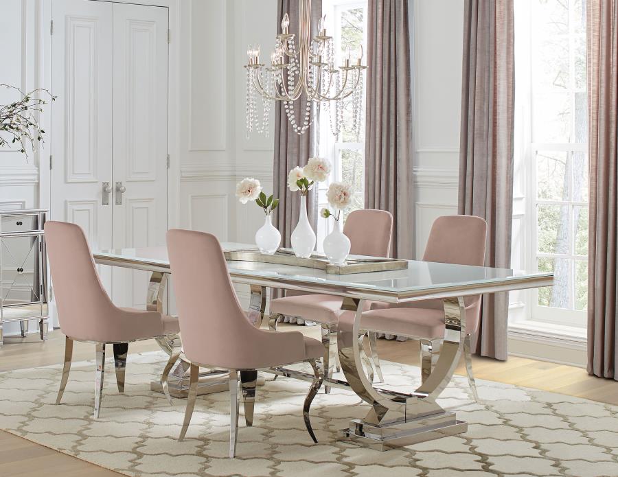 ANTOINE 5-PIECE RECTANGULAR GLASS TOP DINING TABLE SET PINK