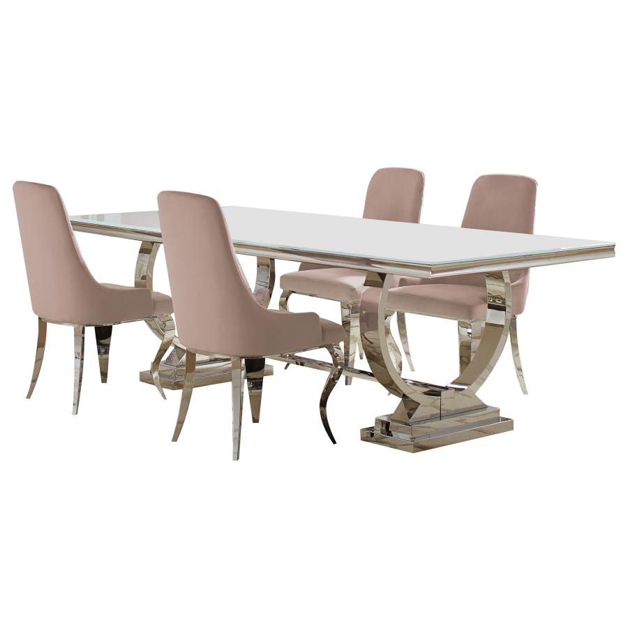 ANTOINE 5-PIECE RECTANGULAR GLASS TOP DINING TABLE SET PINK