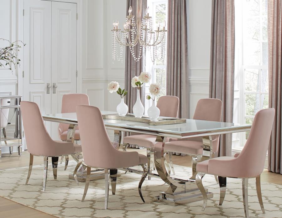 ANTOINE 7-PIECE RECTANGULAR GLASS TOP DINING TABLE SET PINK