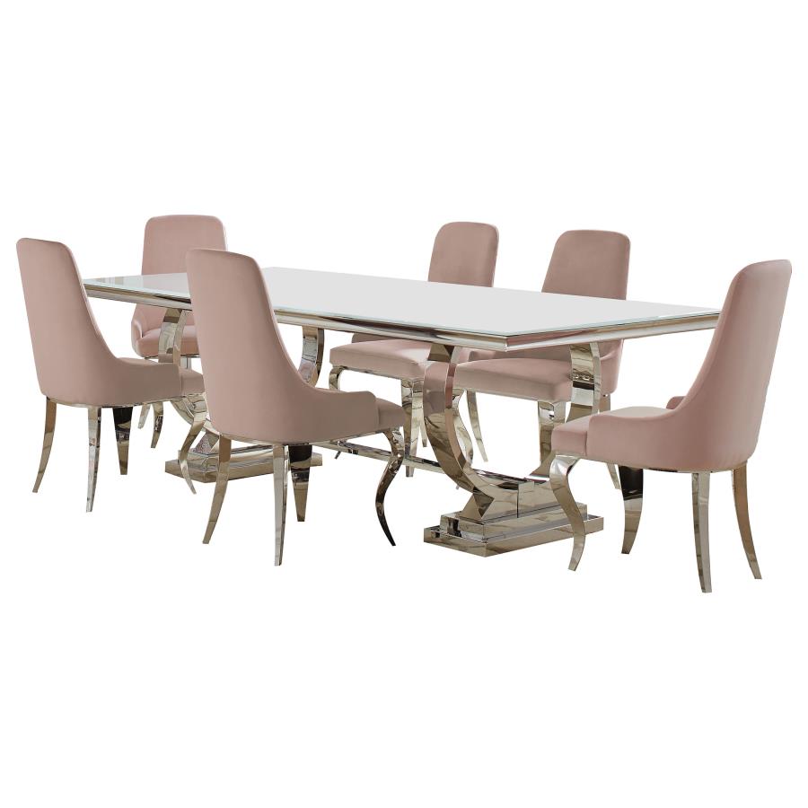 ANTOINE 7-PIECE RECTANGULAR GLASS TOP DINING TABLE SET PINK