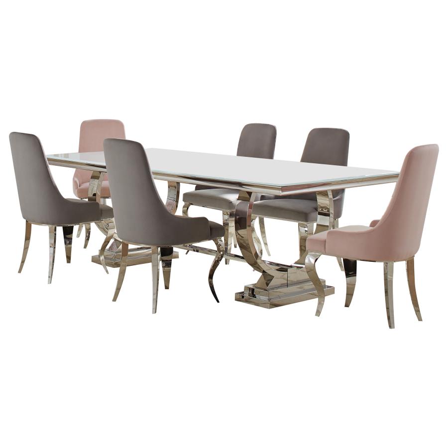 ANTOINE 7-PIECE RECTANGULAR GLASS TOP DINING SET GREY & PINK