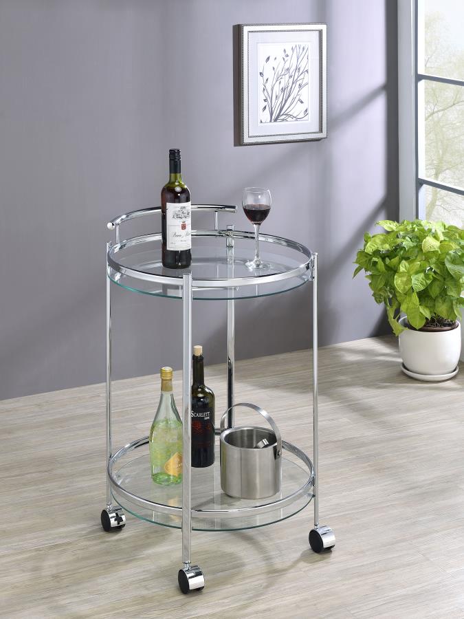 CHRISSY ROUND GLASS SHELF METAL BAR CART CHROME