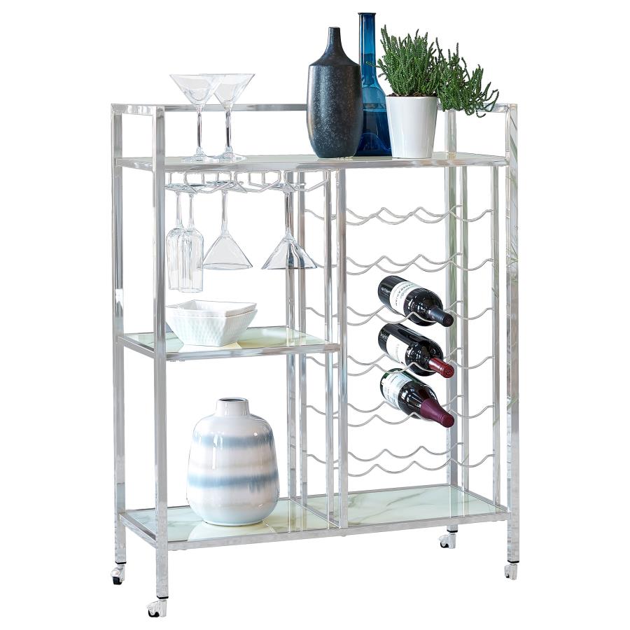 DERION 3-TIER RECTANGULAR GLASS SHELF METAL BAR CART CHROME