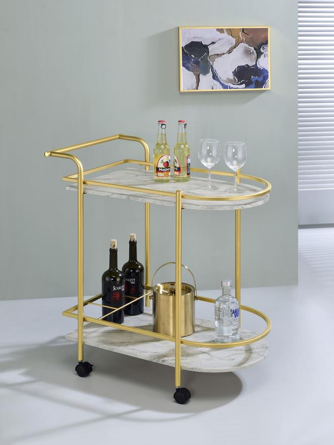 DESIREE 2-TIER FAUX MARBLE SHELF METAL BAR CART GOLD