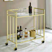 CARA 2-TIER RECTANGULAR GLASS SHELF METAL BAR CART BRASS