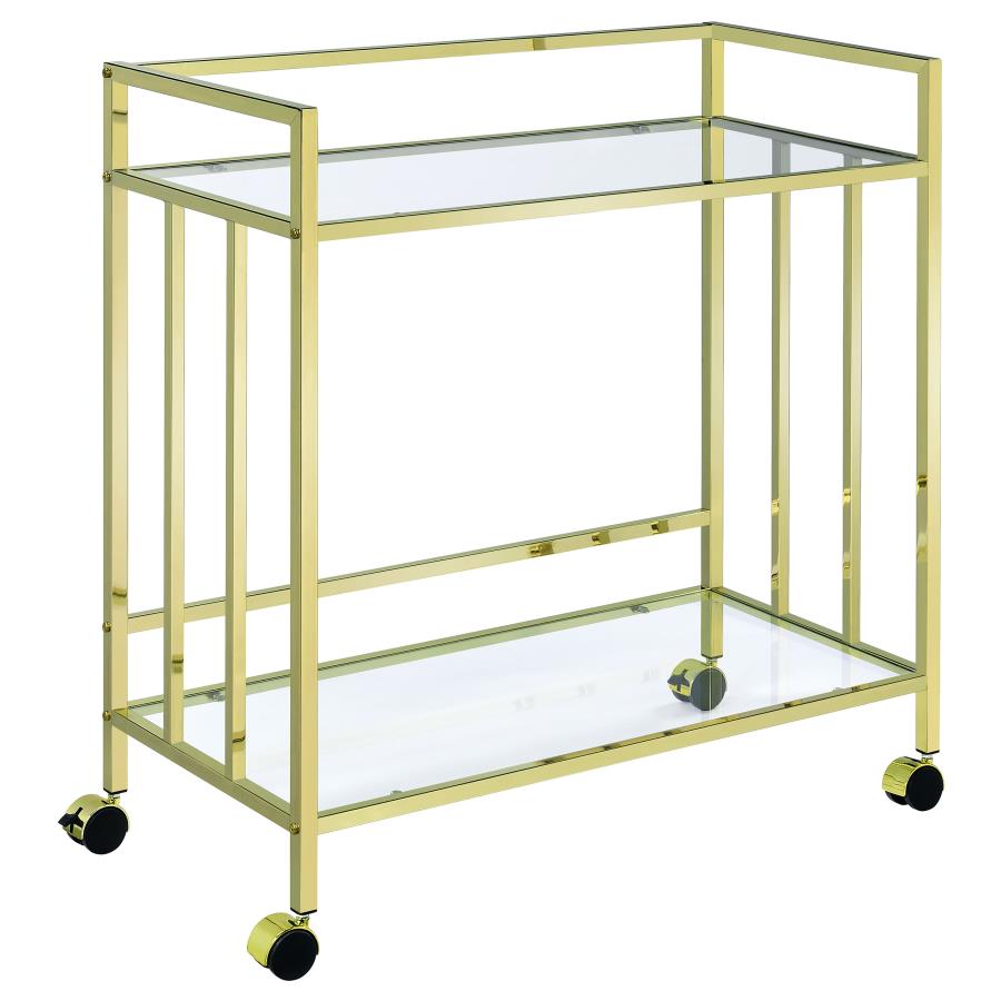 CARA 2-TIER RECTANGULAR GLASS SHELF METAL BAR CART BRASS