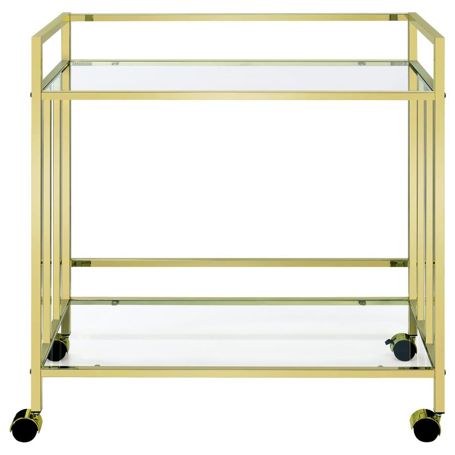 CARA 2-TIER RECTANGULAR GLASS SHELF METAL BAR CART BRASS