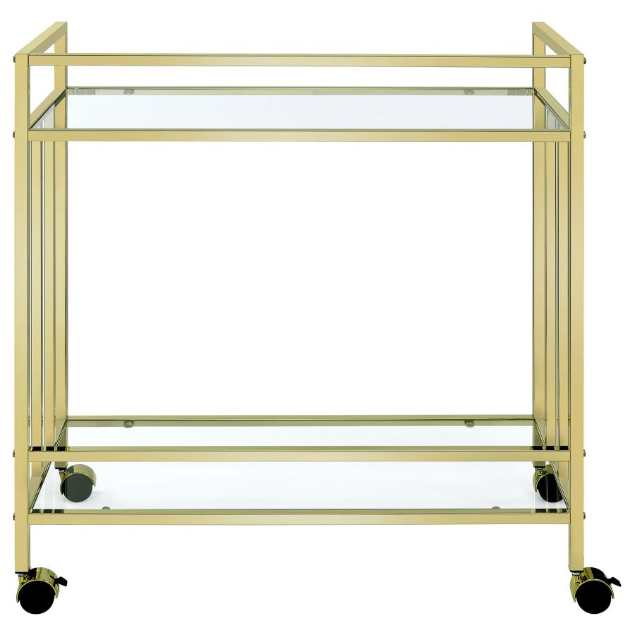 CARA 2-TIER RECTANGULAR GLASS SHELF METAL BAR CART BRASS