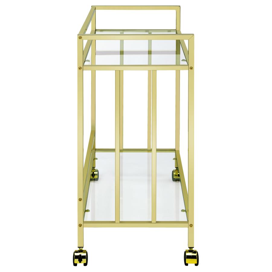 CARA 2-TIER RECTANGULAR GLASS SHELF METAL BAR CART BRASS