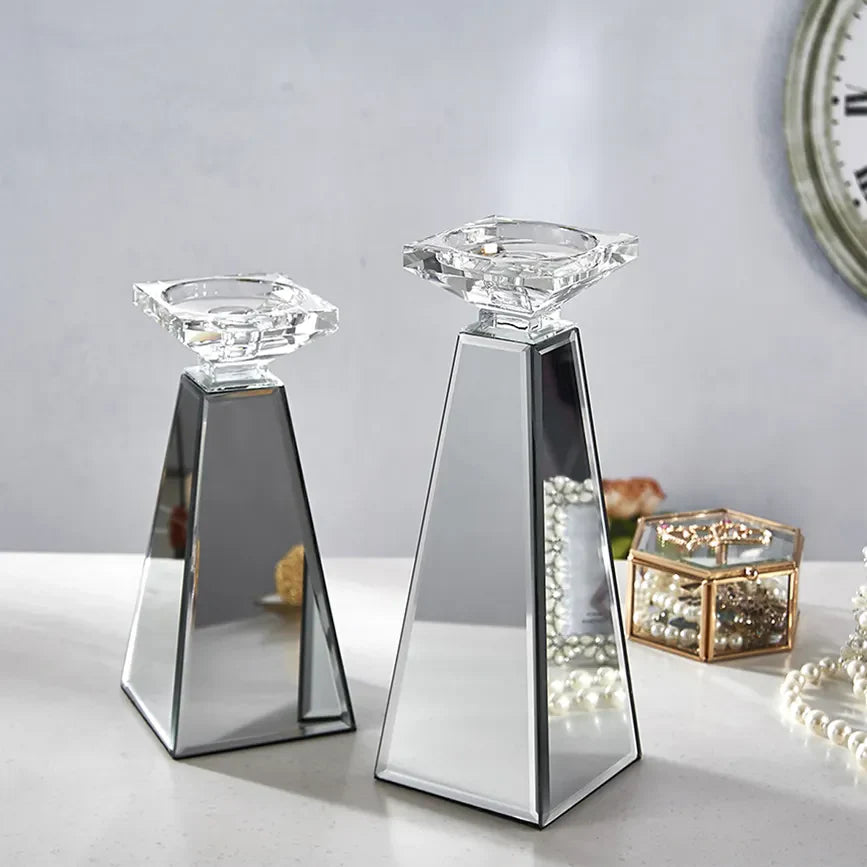 2PC GLASS MIRROR CANDLE HOLDER SET