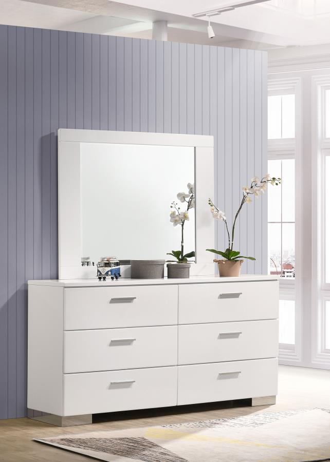 FELICITY 6-DRAWER WOOD DRESSER WITH MIRROR WHITE HIGH GLOSS