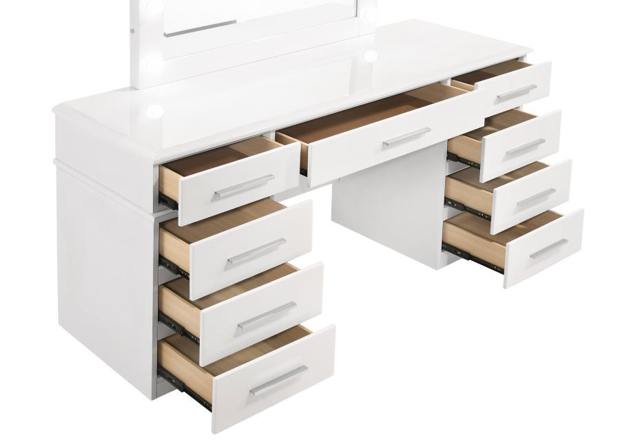 FELICITY 9-DRAWER VANITY TABLE LIGHTED MIRROR GLOSSY WHITE
