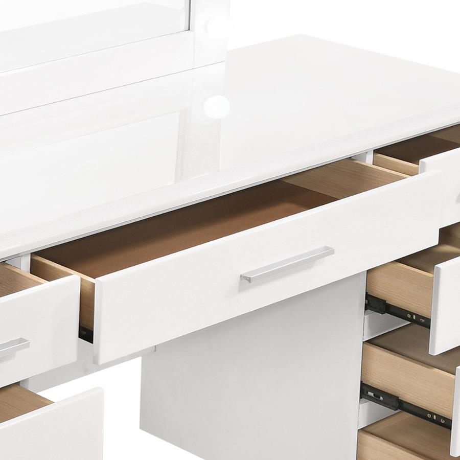 FELICITY 9-DRAWER VANITY TABLE LIGHTED MIRROR GLOSSY WHITE
