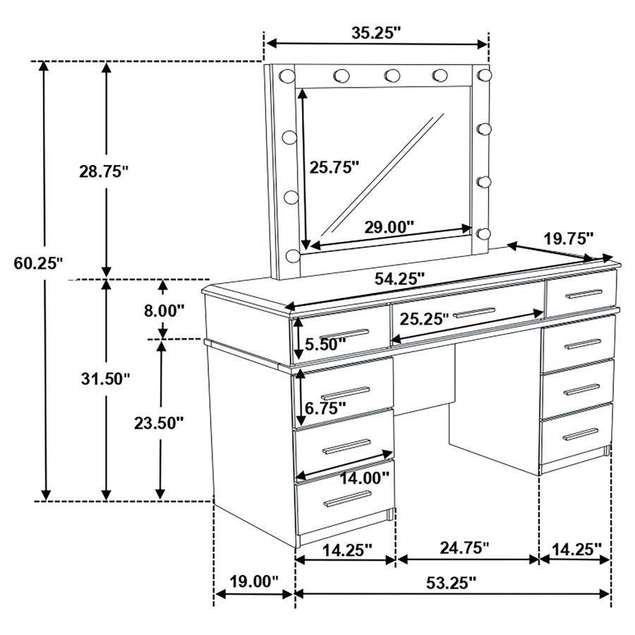 FELICITY 9-DRAWER VANITY TABLE LIGHTED MIRROR GLOSSY WHITE