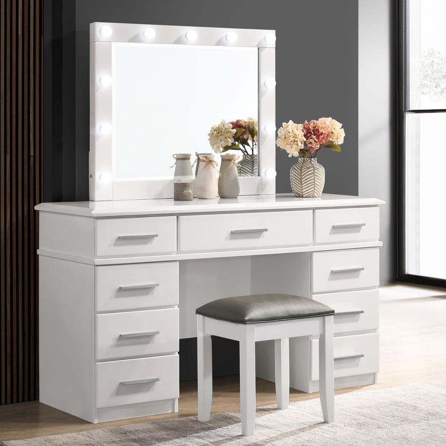FELICITY 9-DRAWER VANITY TABLE LIGHTED MIRROR GLOSSY WHITE