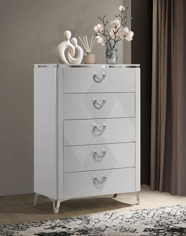 CASSIA 5-DRAWER BEDROOM CHEST OF DRAWERS WHITE HIGH GLOSS