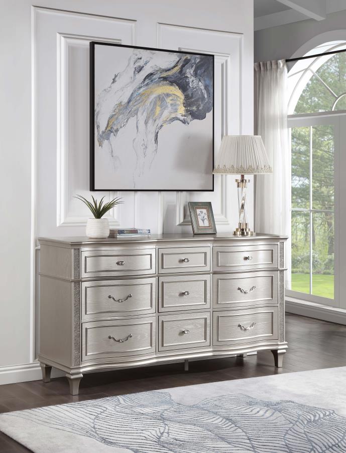 EVANGELINE 9-DRAWER DRESSER WITH MIRROR SILVER OAK