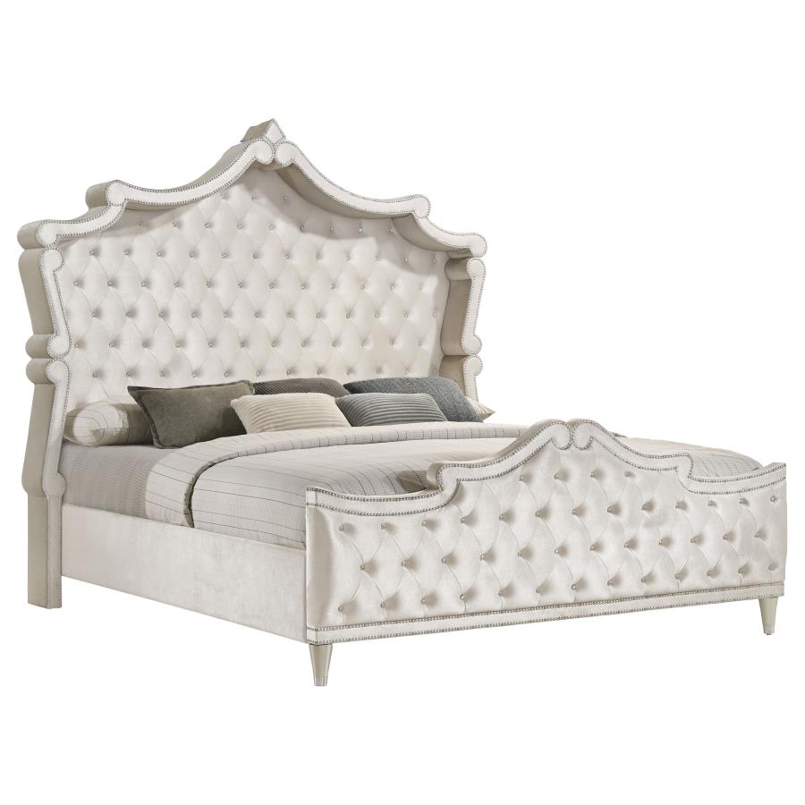 ANTONELLA UPHOLSTERED QUEEN PANEL BED IVORY AND CAMEL