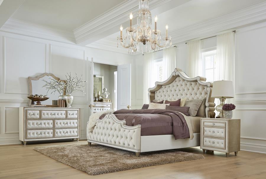 ANTONELLA UPHOLSTERED QUEEN PANEL BED IVORY AND CAMEL