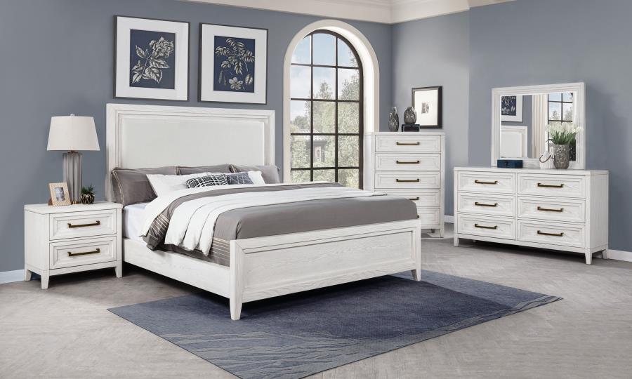 MARIELLE QUEEN UPHOLSTERED PANEL BED DISTRESSED WHITE