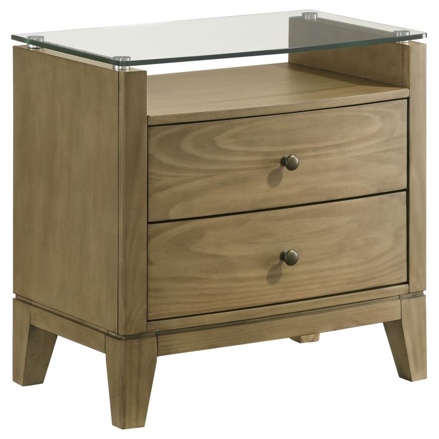 GRANADA 2-DRAWER GLASS TOP NIGHTSTAND NATURAL PINE