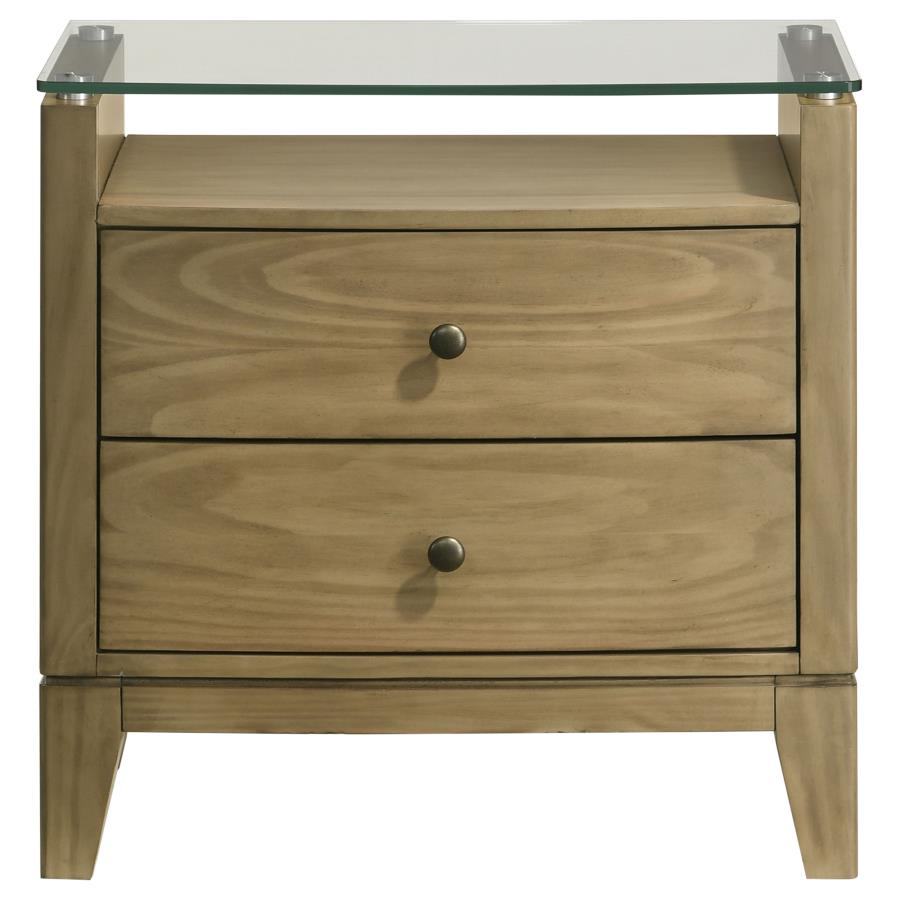 GRANADA 2-DRAWER GLASS TOP NIGHTSTAND NATURAL PINE