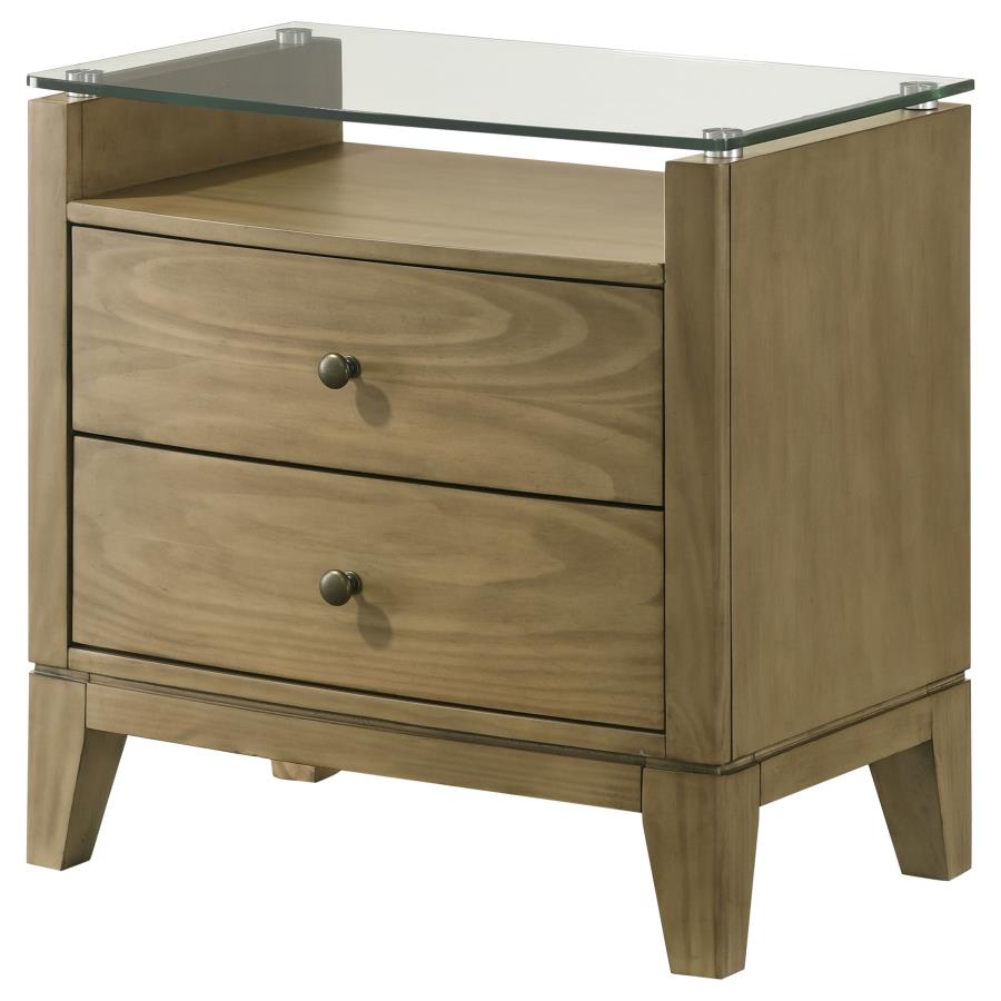 GRANADA 2-DRAWER GLASS TOP NIGHTSTAND NATURAL PINE