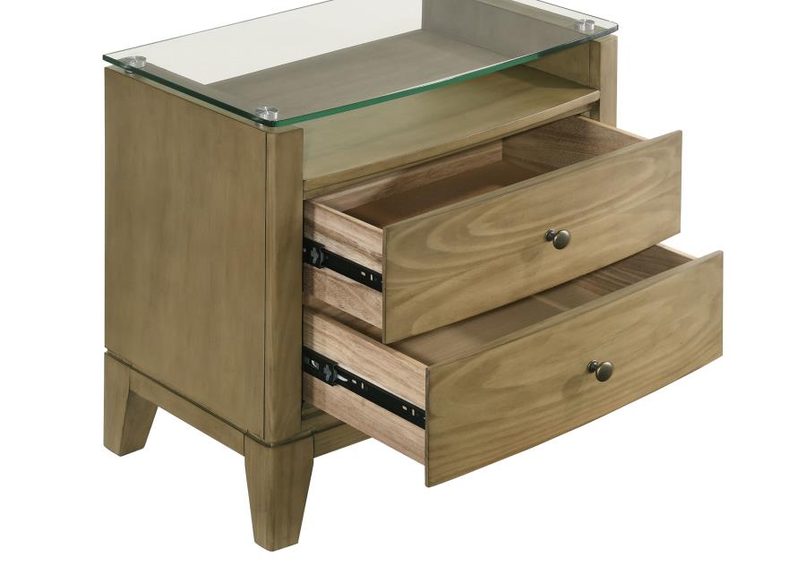 GRANADA 2-DRAWER GLASS TOP NIGHTSTAND NATURAL PINE
