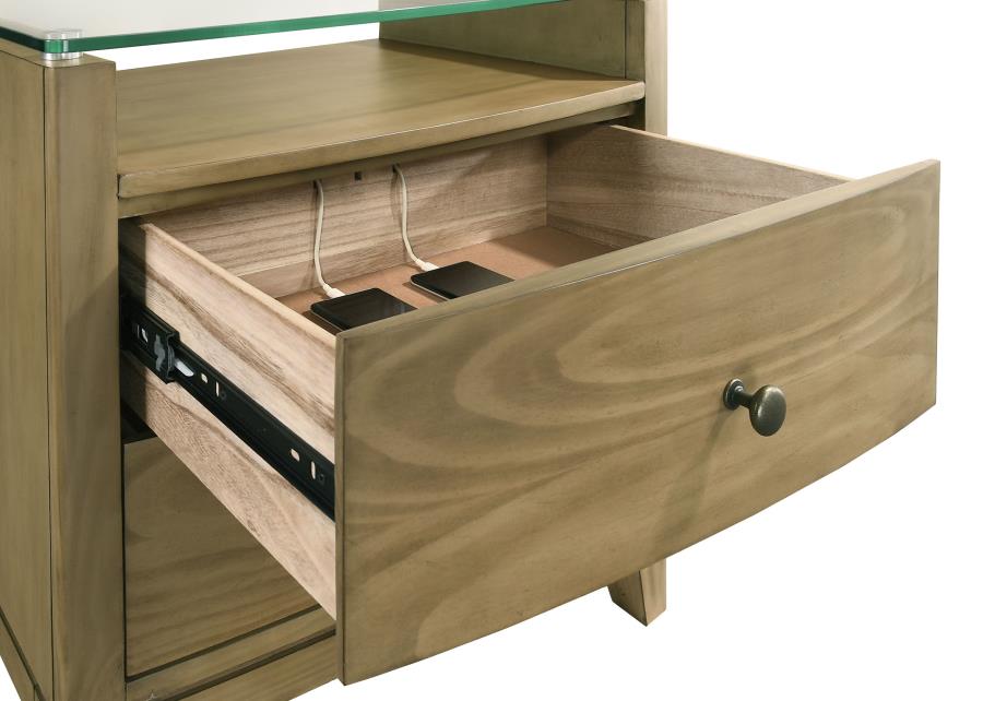 GRANADA 2-DRAWER GLASS TOP NIGHTSTAND NATURAL PINE