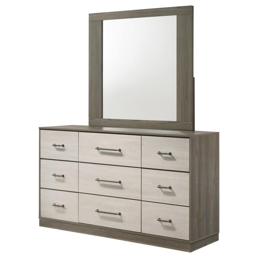 FENWICK 9-DRAWER DRESSER WITH MIRROR GREY OAK