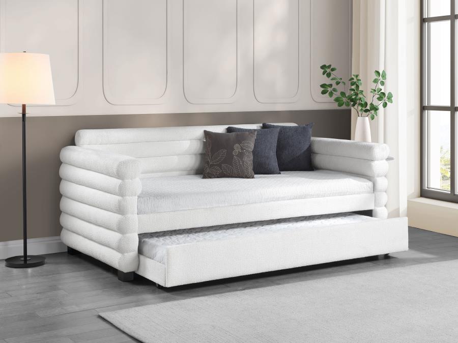 PATRICIA BOUCLE UPHOLSTERED TWIN DAY BED WITH TRUNDLE WHITE