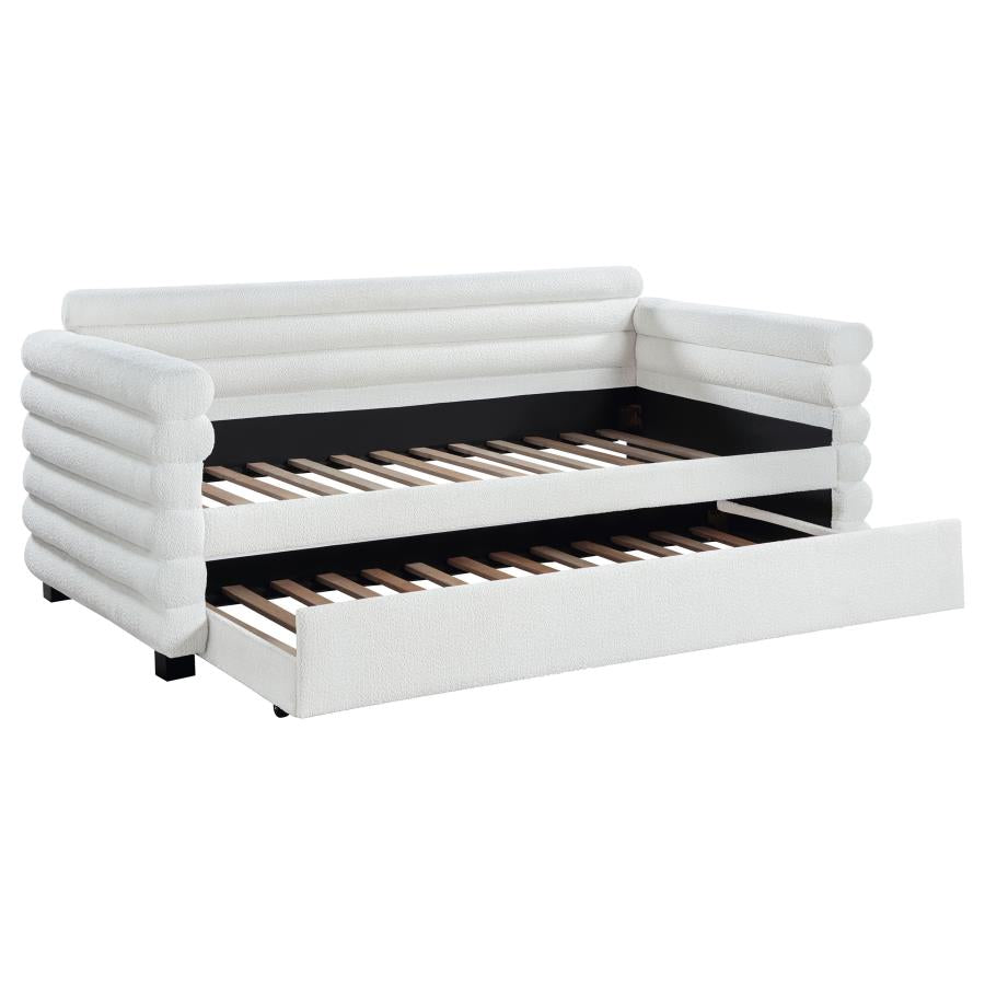 PATRICIA BOUCLE UPHOLSTERED TWIN DAY BED WITH TRUNDLE WHITE