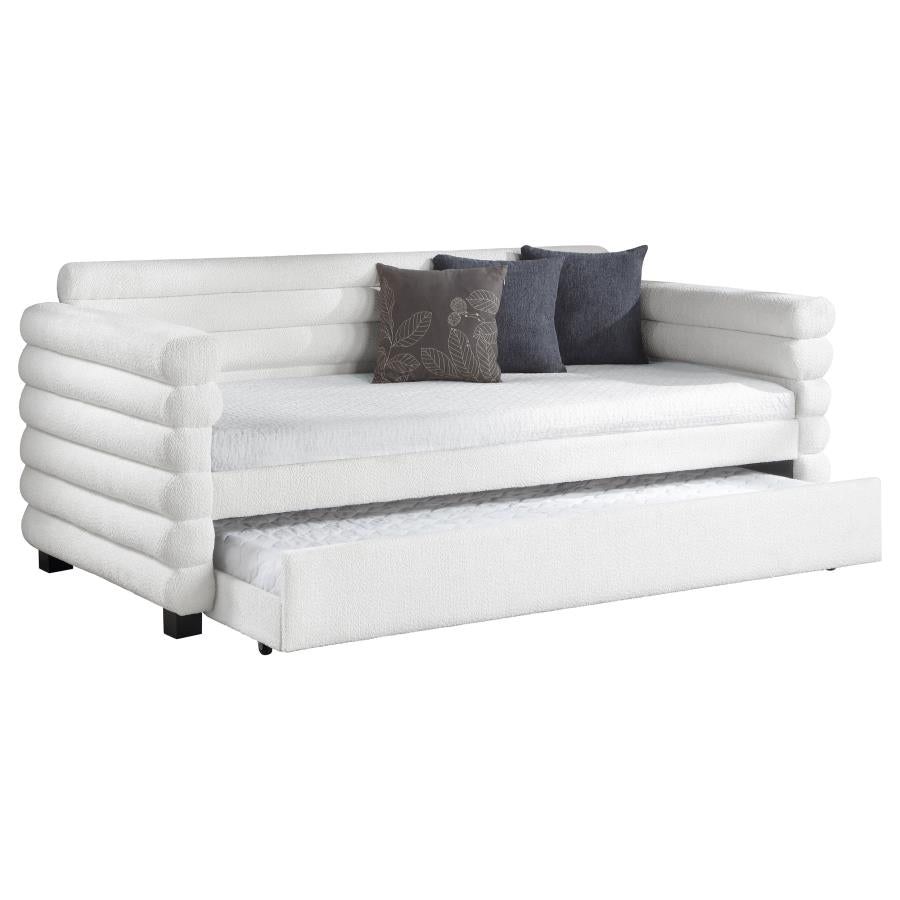 PATRICIA BOUCLE UPHOLSTERED TWIN DAY BED WITH TRUNDLE WHITE