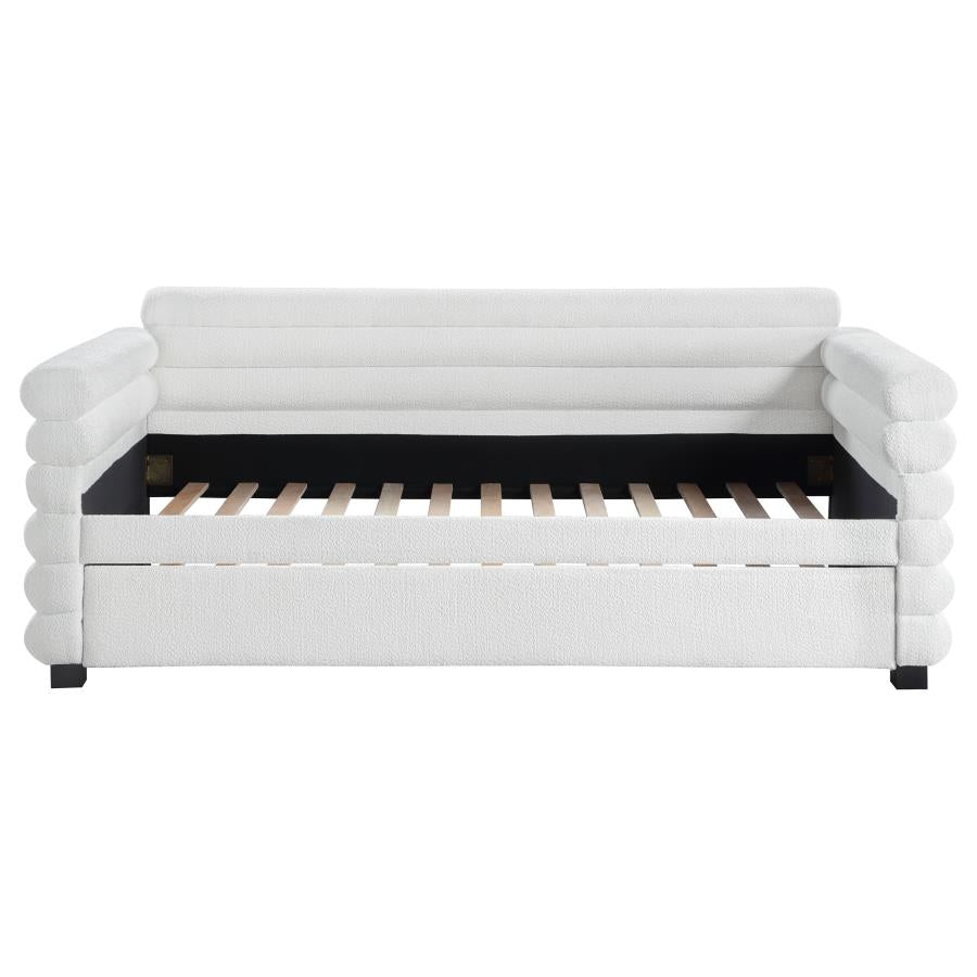 PATRICIA BOUCLE UPHOLSTERED TWIN DAY BED WITH TRUNDLE WHITE