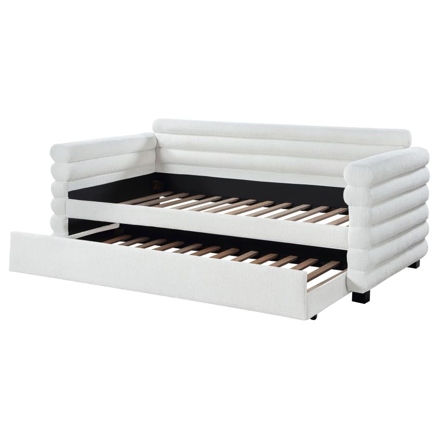 PATRICIA BOUCLE UPHOLSTERED TWIN DAY BED WITH TRUNDLE WHITE