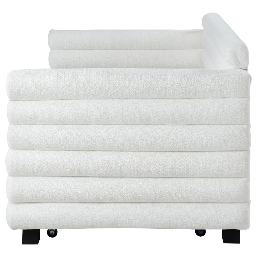 PATRICIA BOUCLE UPHOLSTERED TWIN DAY BED WITH TRUNDLE WHITE