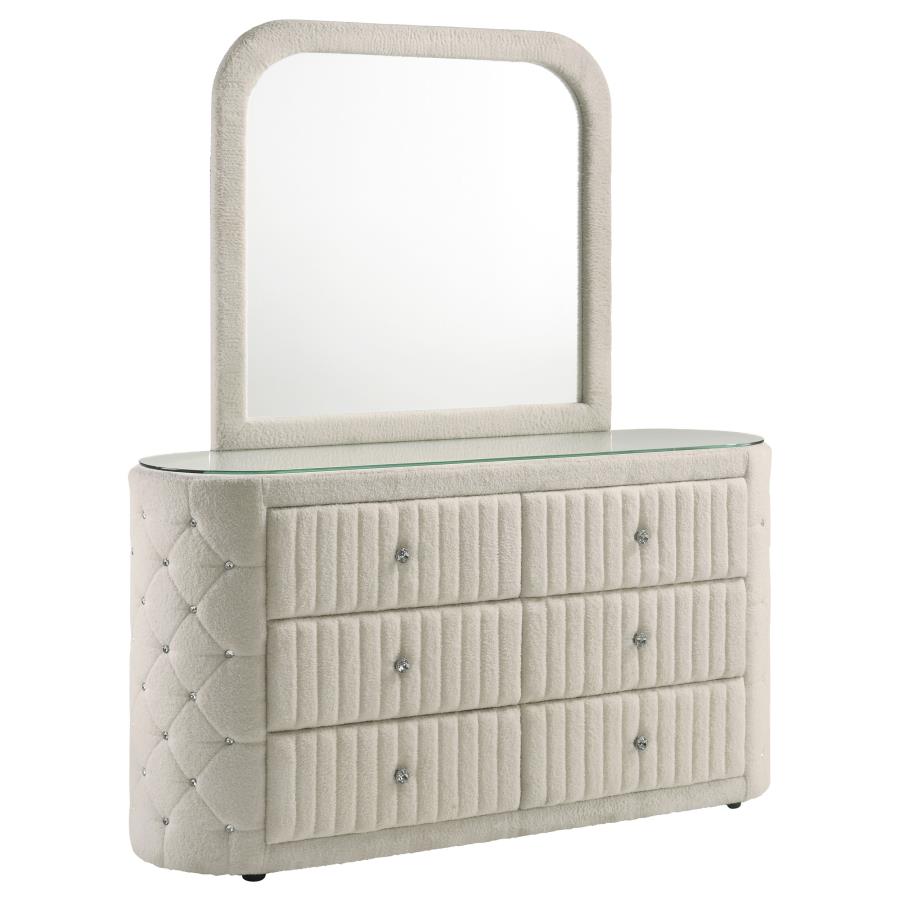 SONYA 6-DRAWER UPHOLSTERED BEDROOM DRESSER WITH MIRROR IVORY