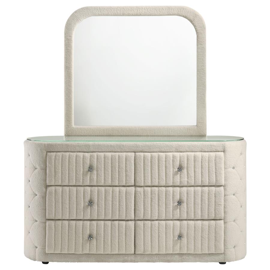SONYA 6-DRAWER UPHOLSTERED BEDROOM DRESSER WITH MIRROR IVORY