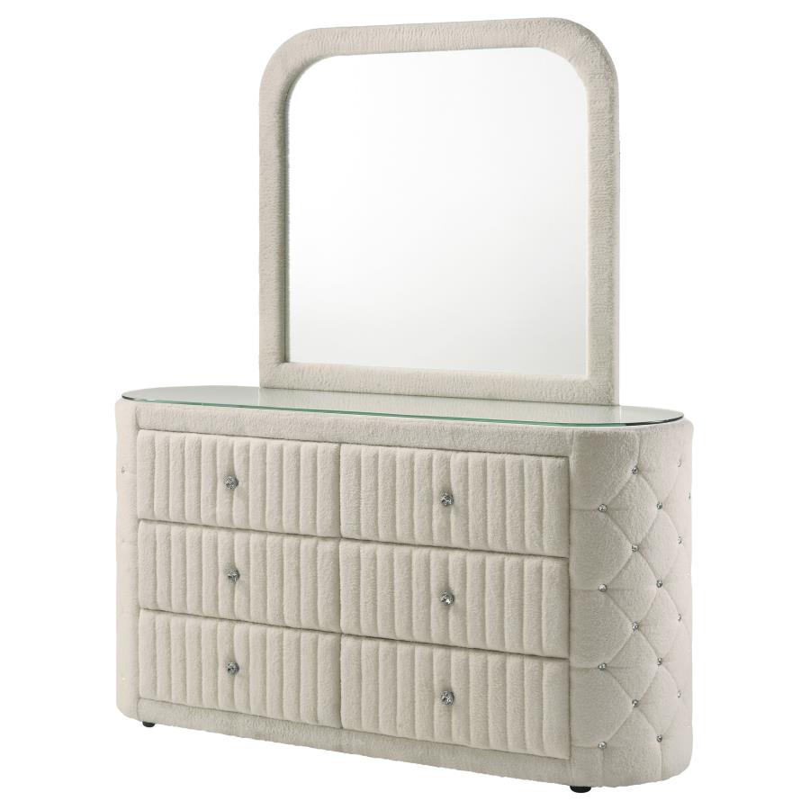 SONYA 6-DRAWER UPHOLSTERED BEDROOM DRESSER WITH MIRROR IVORY