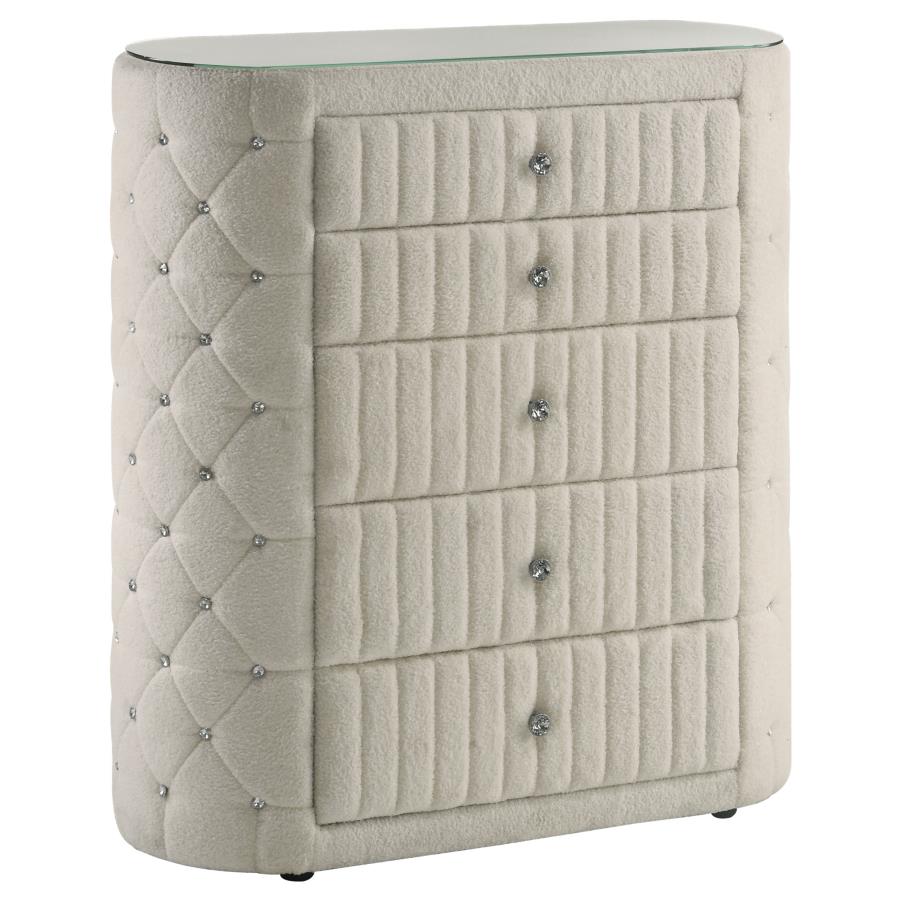 SONYA 5-DRAWER UPHOLSTERED BEDROOM CHEST OF DRAWERS IVORY