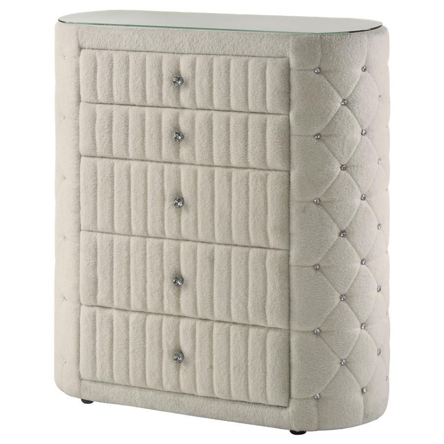 SONYA 5-DRAWER UPHOLSTERED BEDROOM CHEST OF DRAWERS IVORY