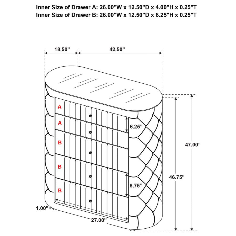 SONYA 5-DRAWER UPHOLSTERED BEDROOM CHEST OF DRAWERS IVORY