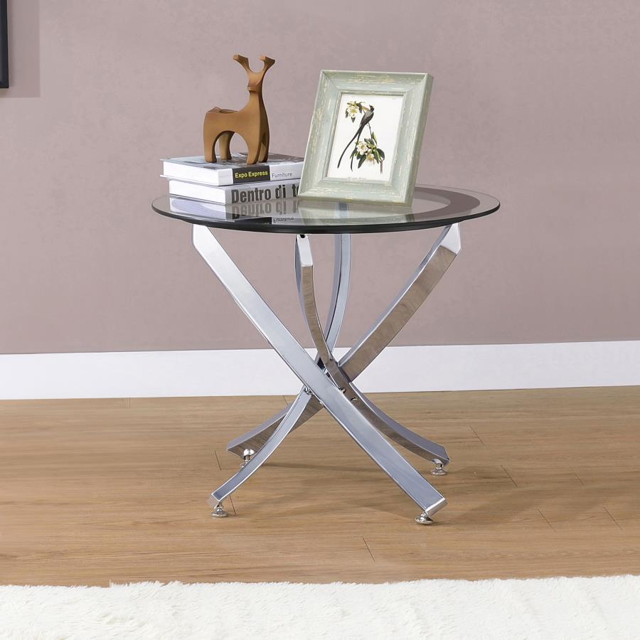 BROOKE ROUND GLASS TOP SIDE END TABLE METAL BASE CHROME
