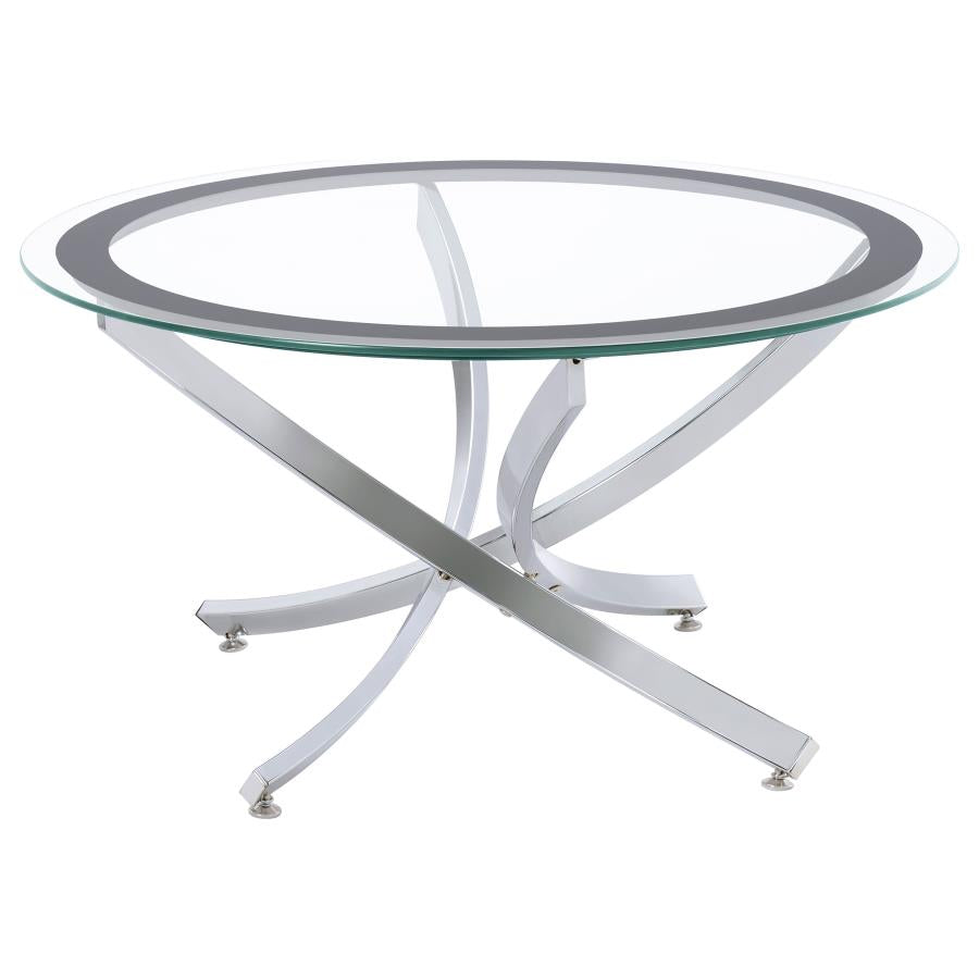 BROOKE ROUND GLASS TOP COFFEE TABLE METAL BASE CHROME
